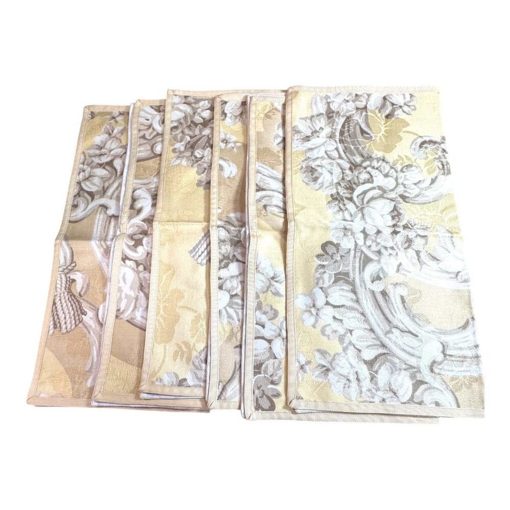 Set Of 6 Yellow Scroll Napkins 17.5" Art Nouveau Victorian Floral Pattern Deco